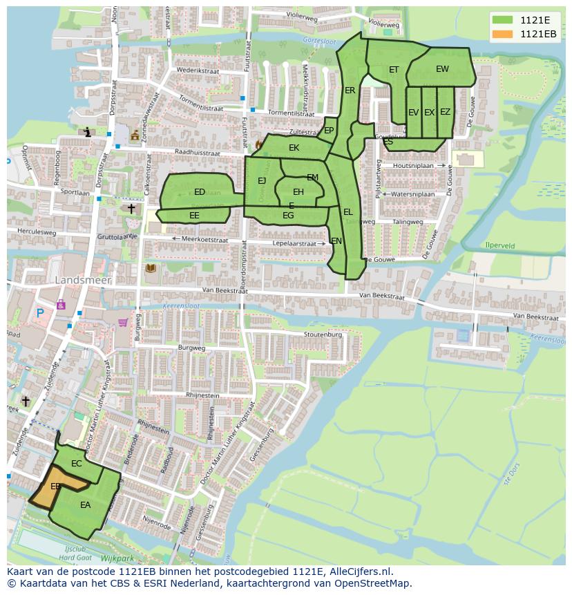 Afbeelding van het postcodegebied 1121 EB op de kaart.