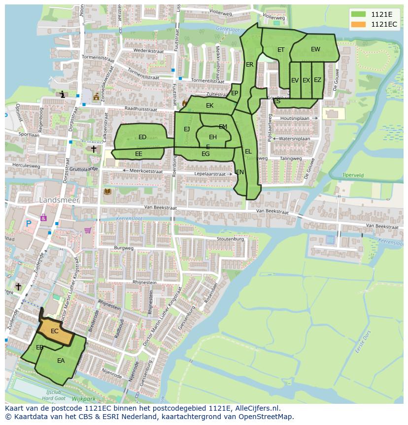 Afbeelding van het postcodegebied 1121 EC op de kaart.