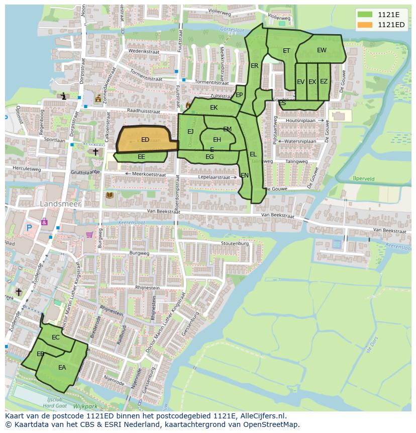 Afbeelding van het postcodegebied 1121 ED op de kaart.