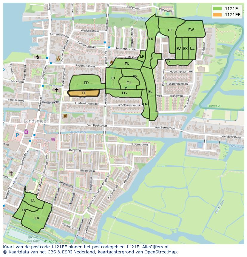 Afbeelding van het postcodegebied 1121 EE op de kaart.