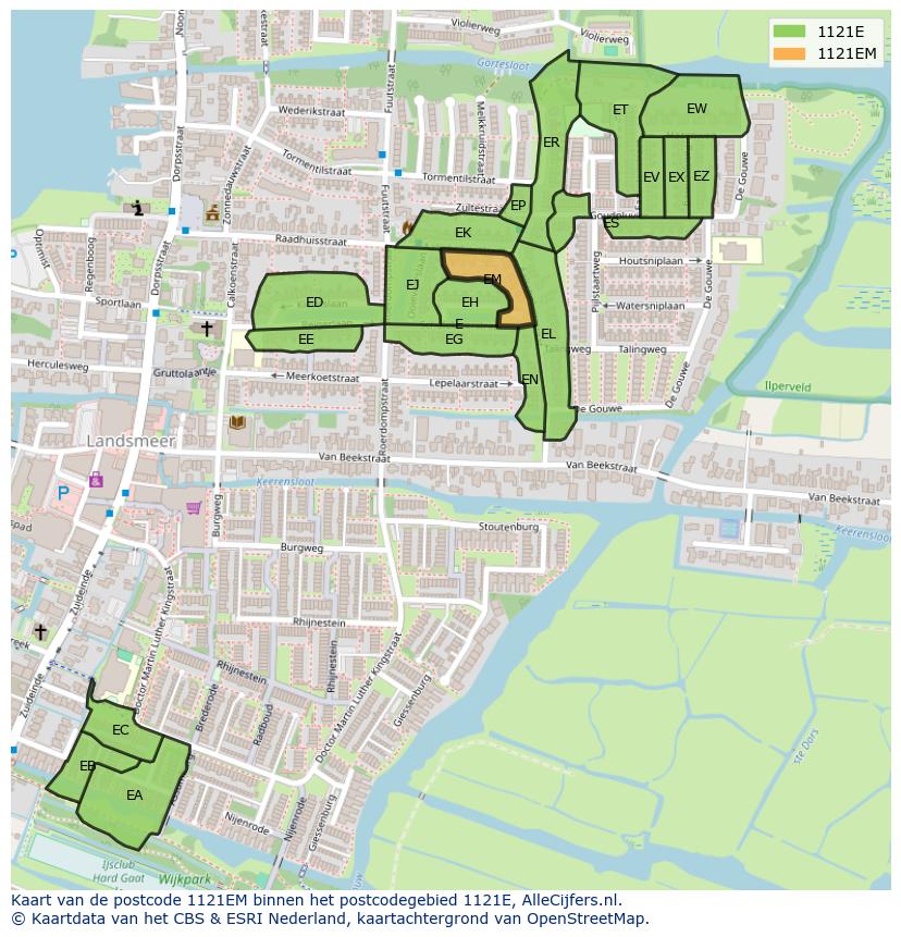 Afbeelding van het postcodegebied 1121 EM op de kaart.
