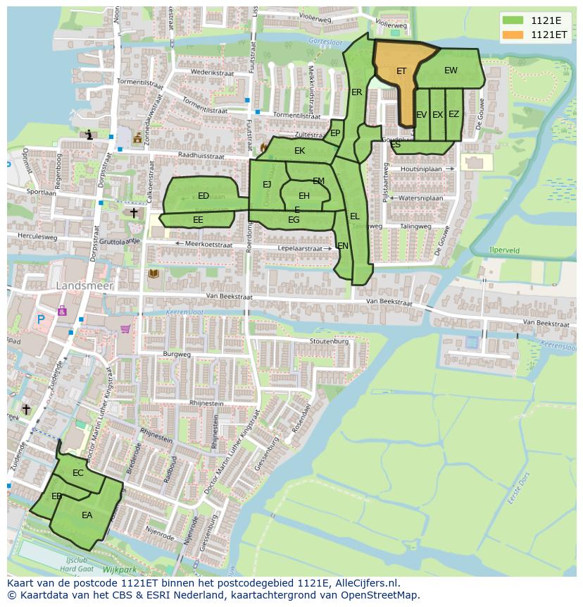 Afbeelding van het postcodegebied 1121 ET op de kaart.