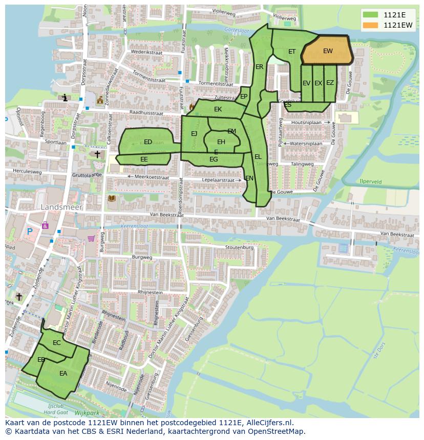 Afbeelding van het postcodegebied 1121 EW op de kaart.
