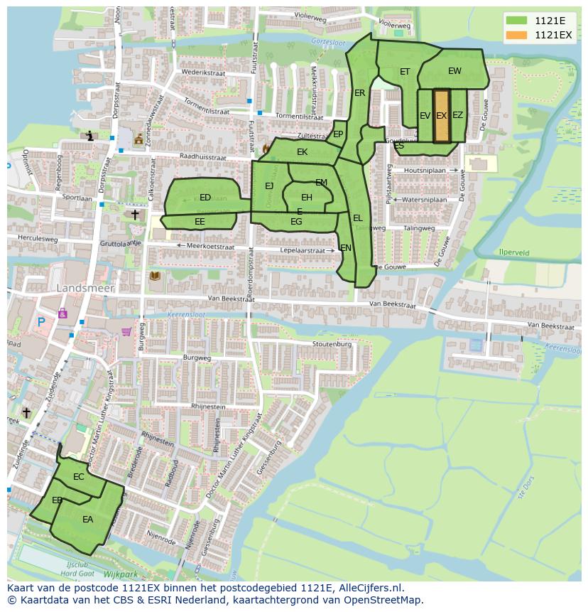 Afbeelding van het postcodegebied 1121 EX op de kaart.