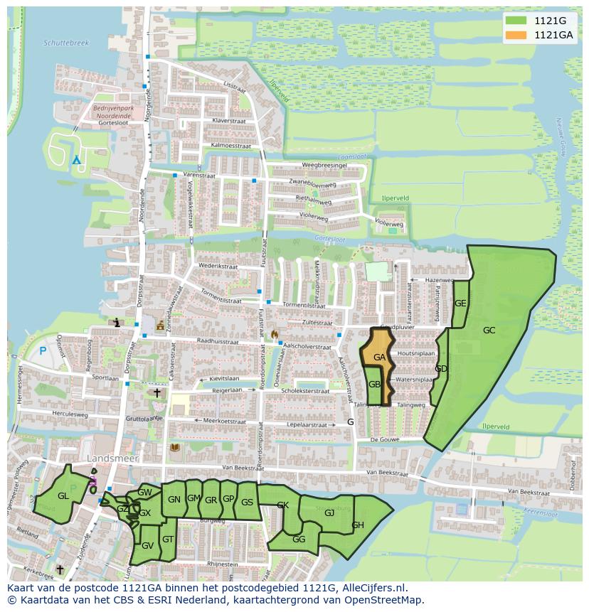 Afbeelding van het postcodegebied 1121 GA op de kaart.
