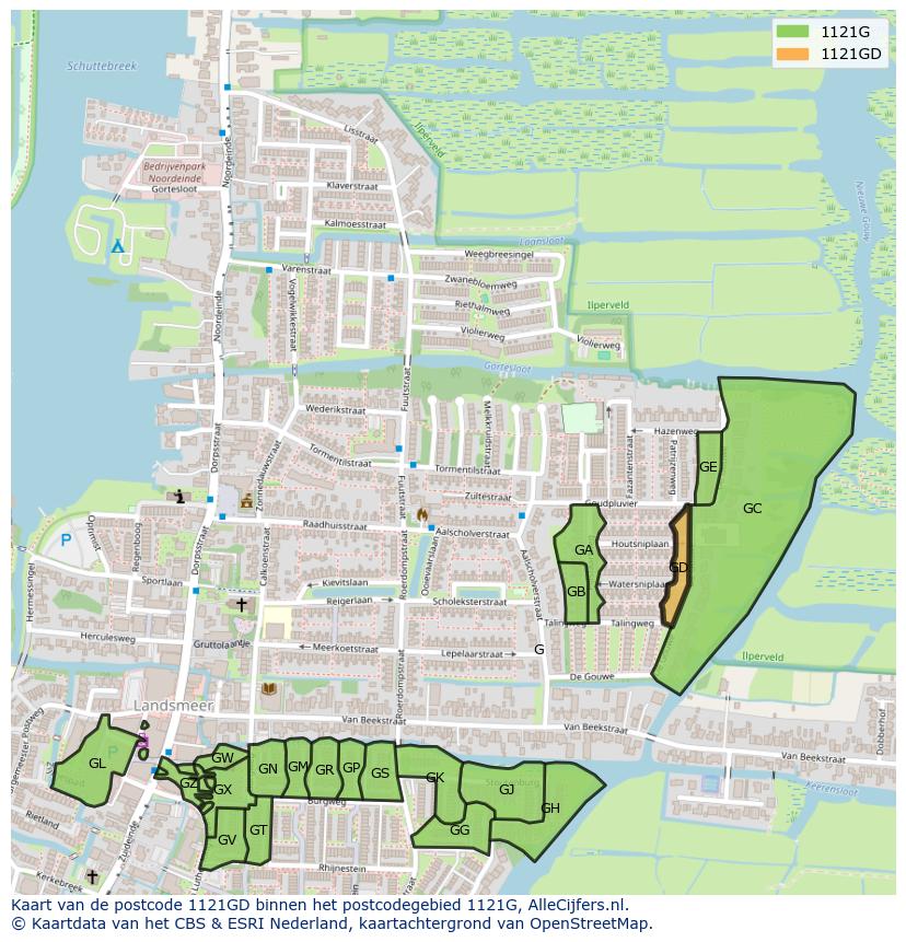 Afbeelding van het postcodegebied 1121 GD op de kaart.