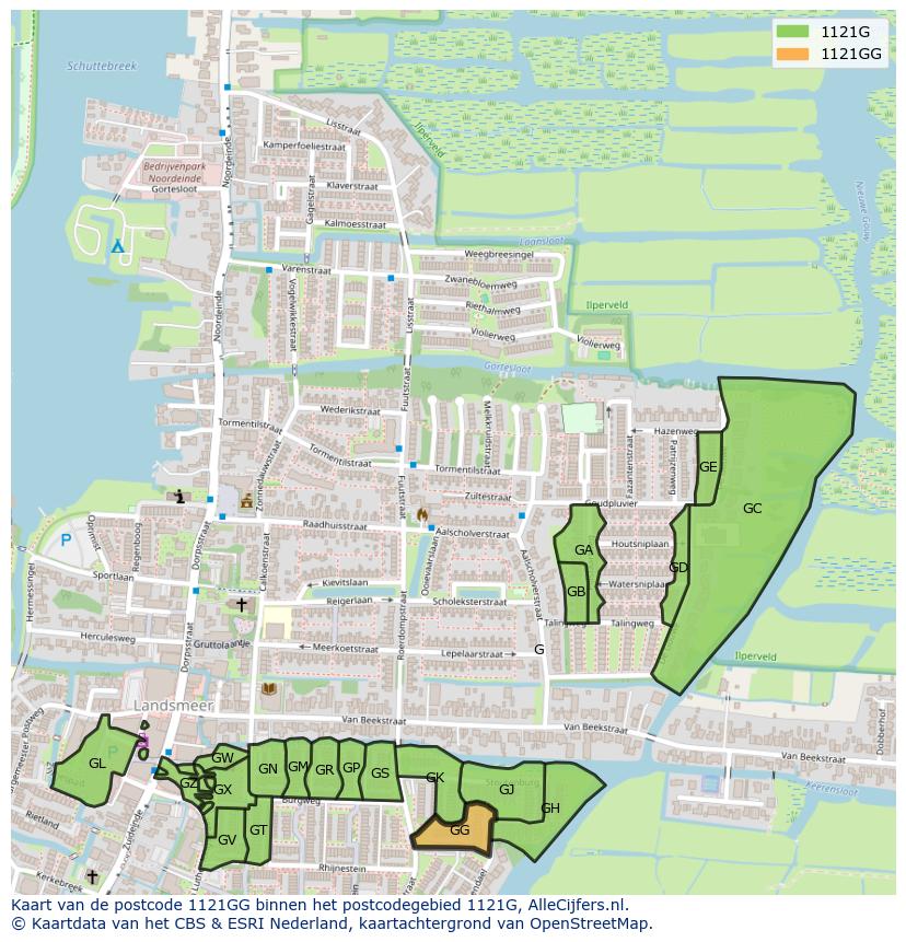 Afbeelding van het postcodegebied 1121 GG op de kaart.