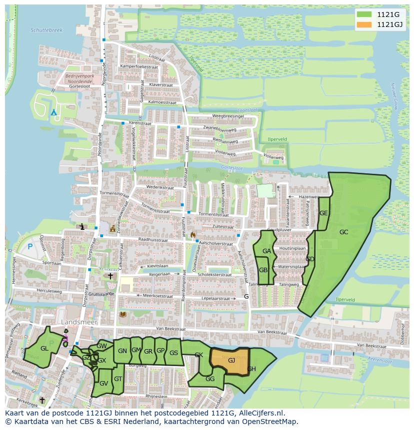 Afbeelding van het postcodegebied 1121 GJ op de kaart.