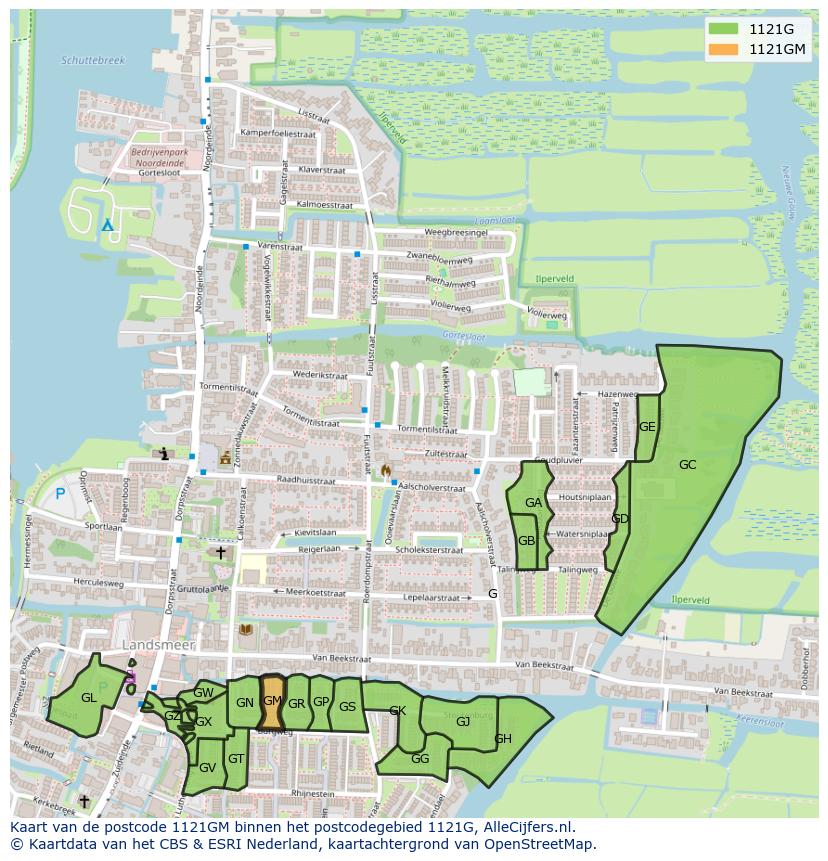 Afbeelding van het postcodegebied 1121 GM op de kaart.
