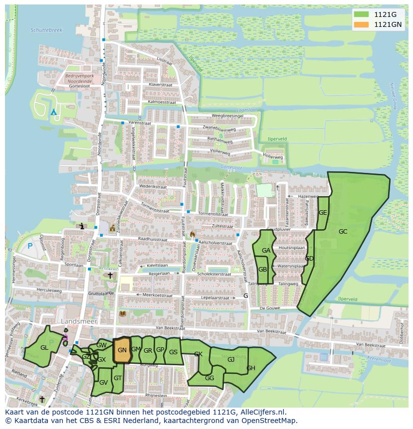 Afbeelding van het postcodegebied 1121 GN op de kaart.