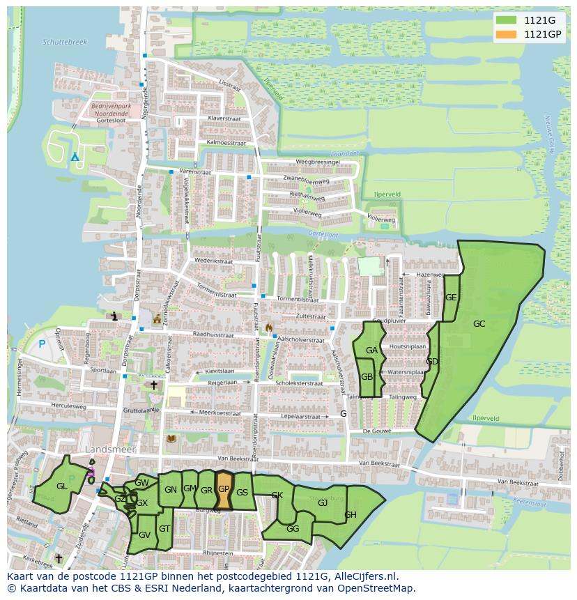Afbeelding van het postcodegebied 1121 GP op de kaart.