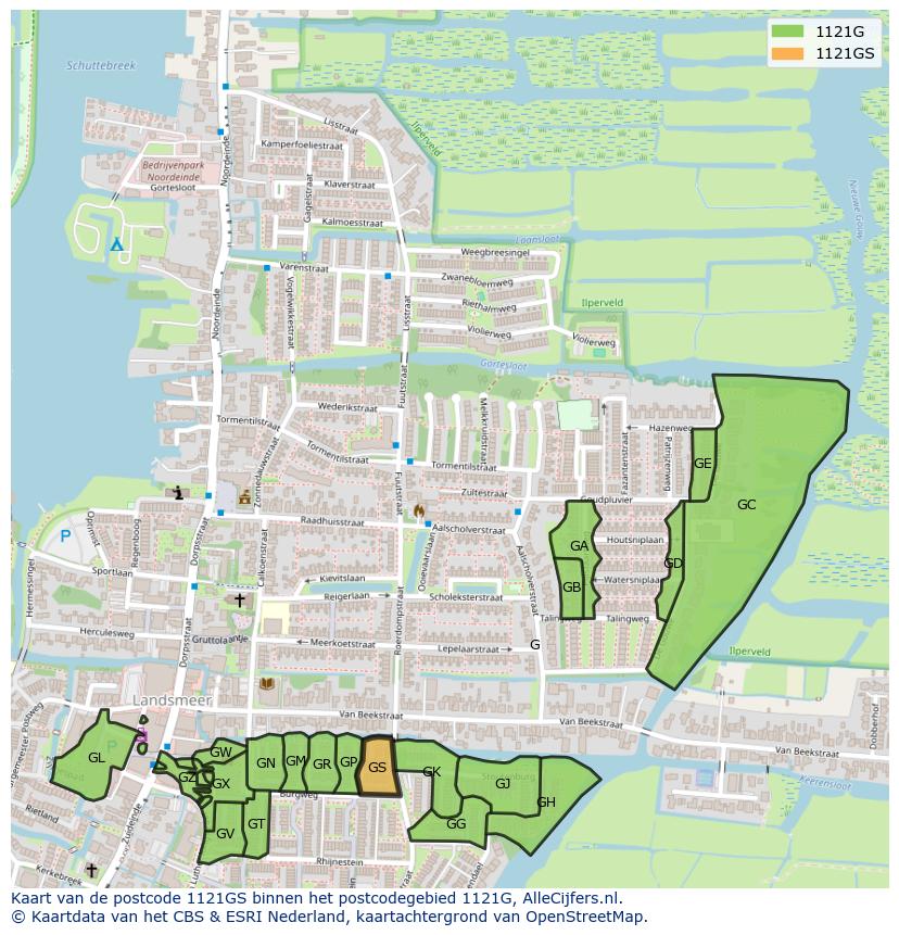 Afbeelding van het postcodegebied 1121 GS op de kaart.