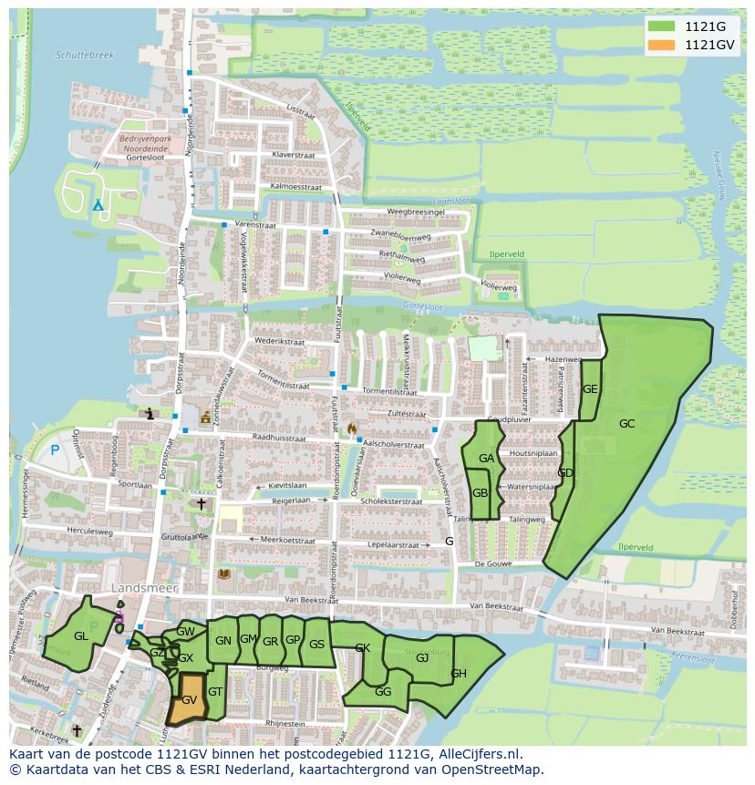 Afbeelding van het postcodegebied 1121 GV op de kaart.