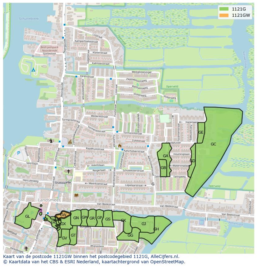 Afbeelding van het postcodegebied 1121 GW op de kaart.