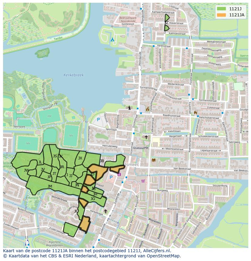 Afbeelding van het postcodegebied 1121 JA op de kaart.