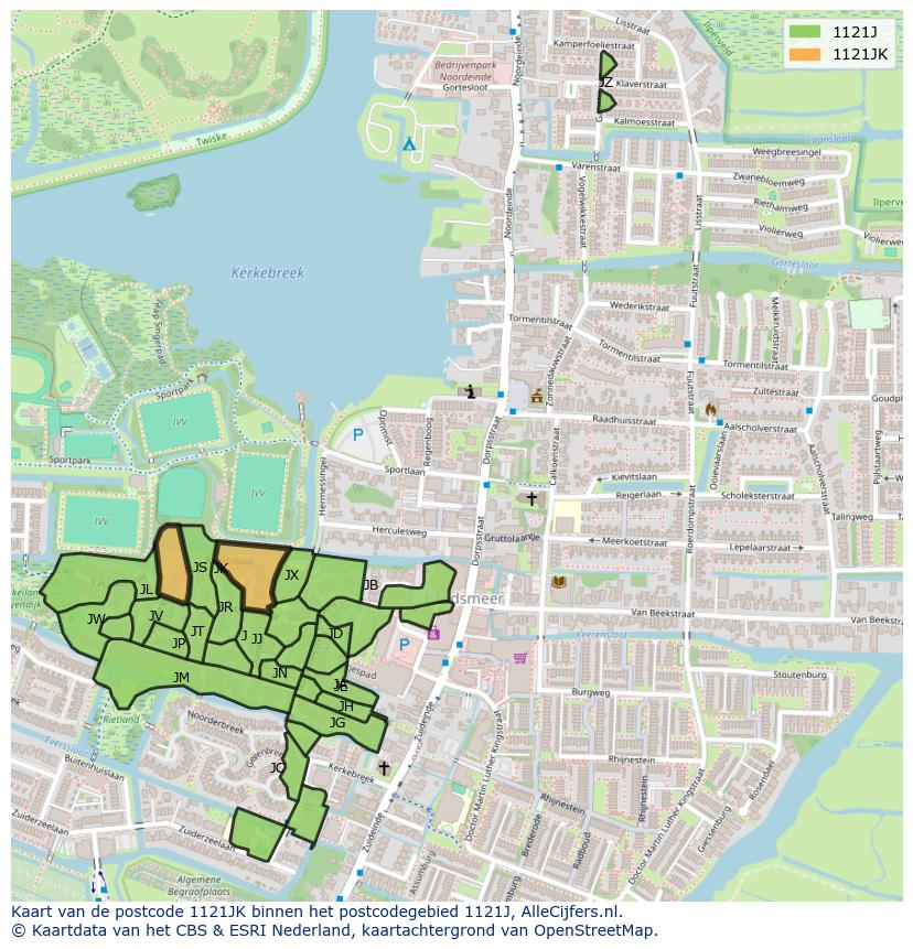 Afbeelding van het postcodegebied 1121 JK op de kaart.