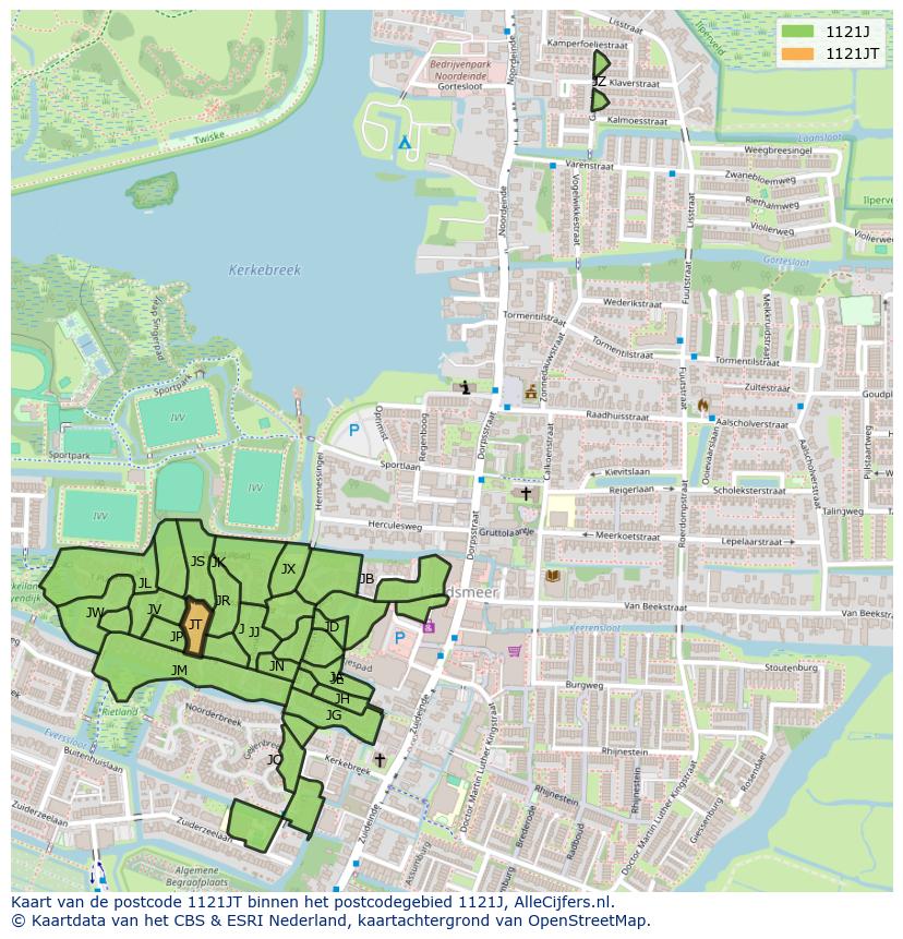 Afbeelding van het postcodegebied 1121 JT op de kaart.