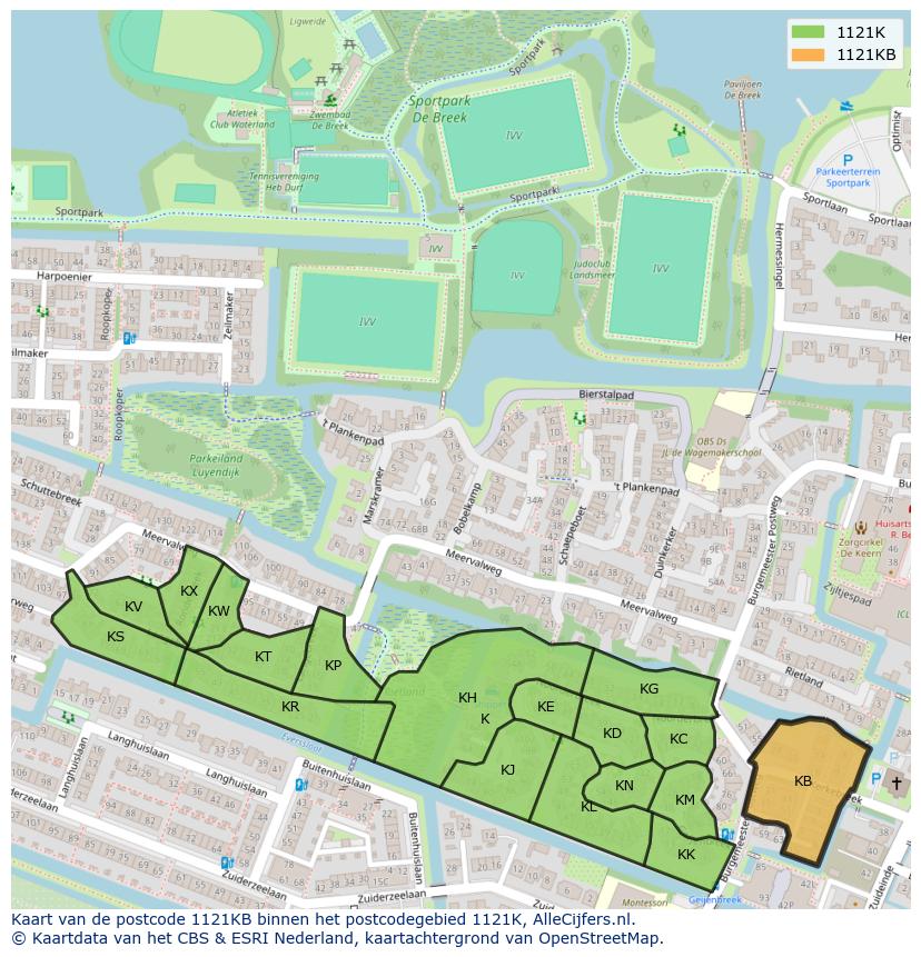 Afbeelding van het postcodegebied 1121 KB op de kaart.