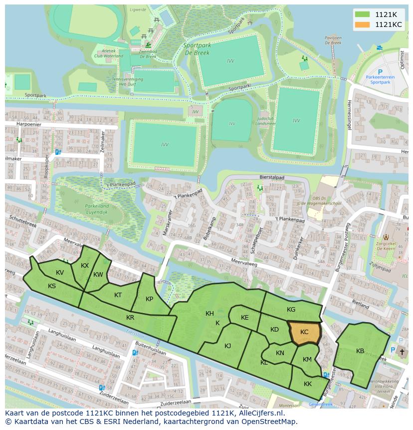 Afbeelding van het postcodegebied 1121 KC op de kaart.