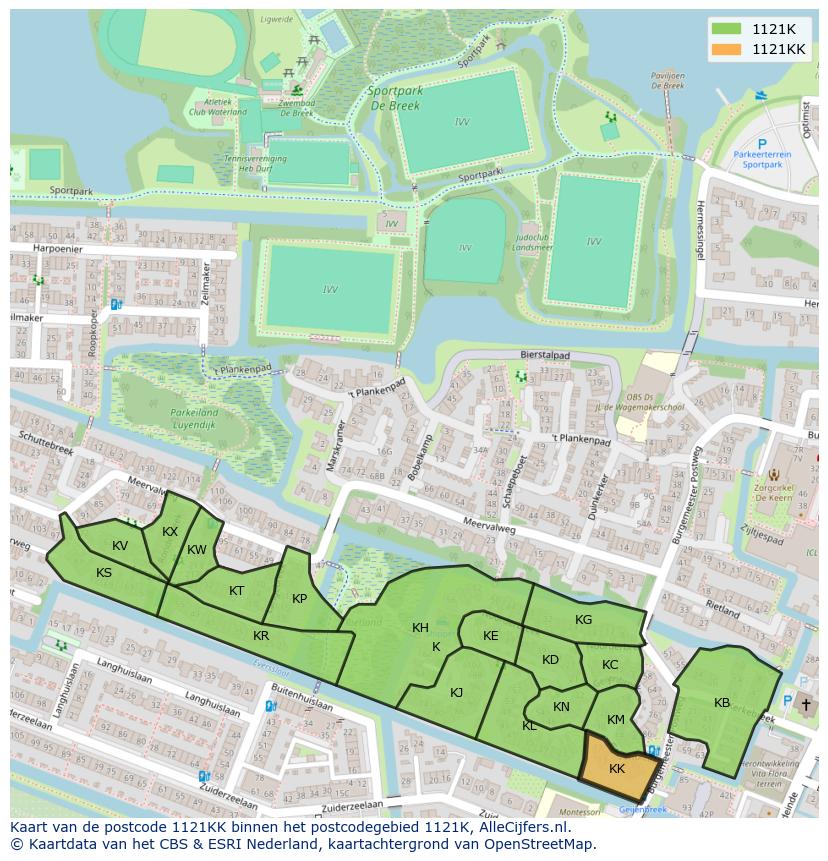 Afbeelding van het postcodegebied 1121 KK op de kaart.