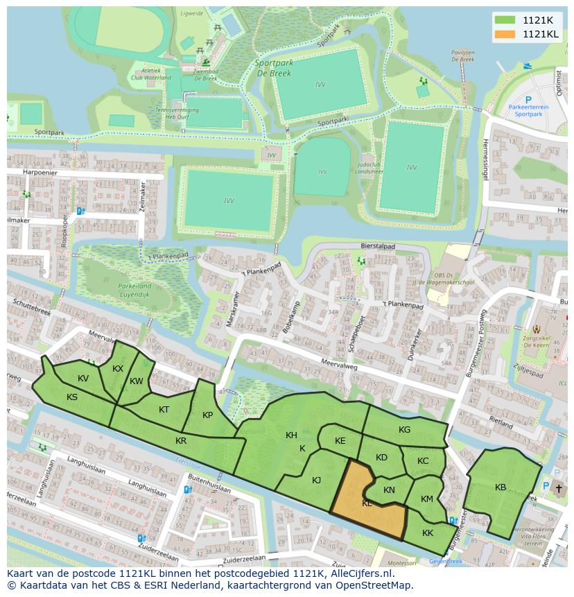 Afbeelding van het postcodegebied 1121 KL op de kaart.