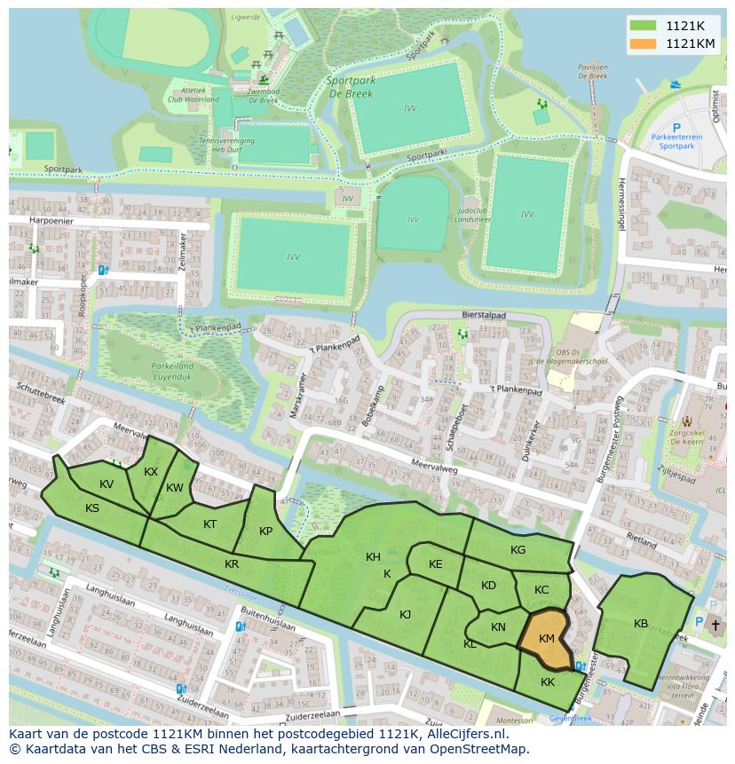 Afbeelding van het postcodegebied 1121 KM op de kaart.
