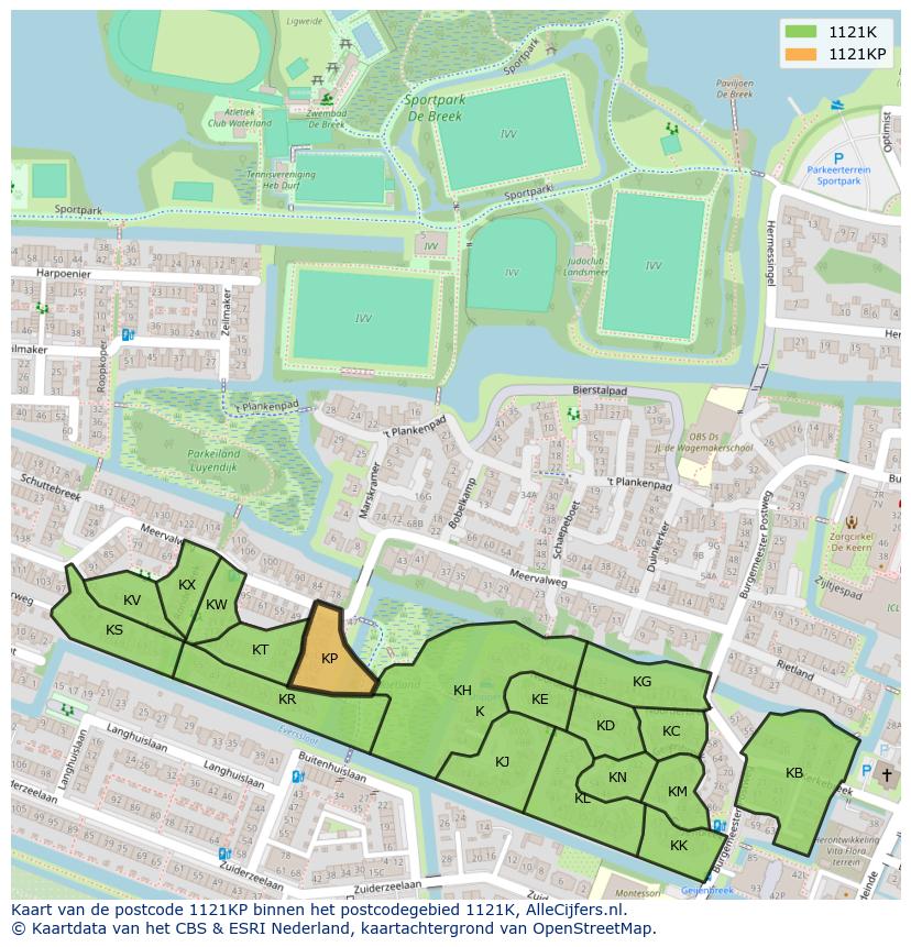 Afbeelding van het postcodegebied 1121 KP op de kaart.