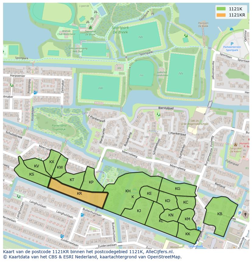 Afbeelding van het postcodegebied 1121 KR op de kaart.
