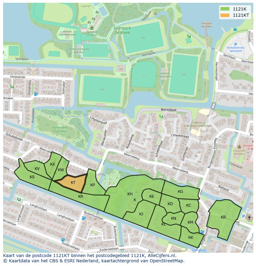 Afbeelding van het postcodegebied 1121 KT op de kaart.
