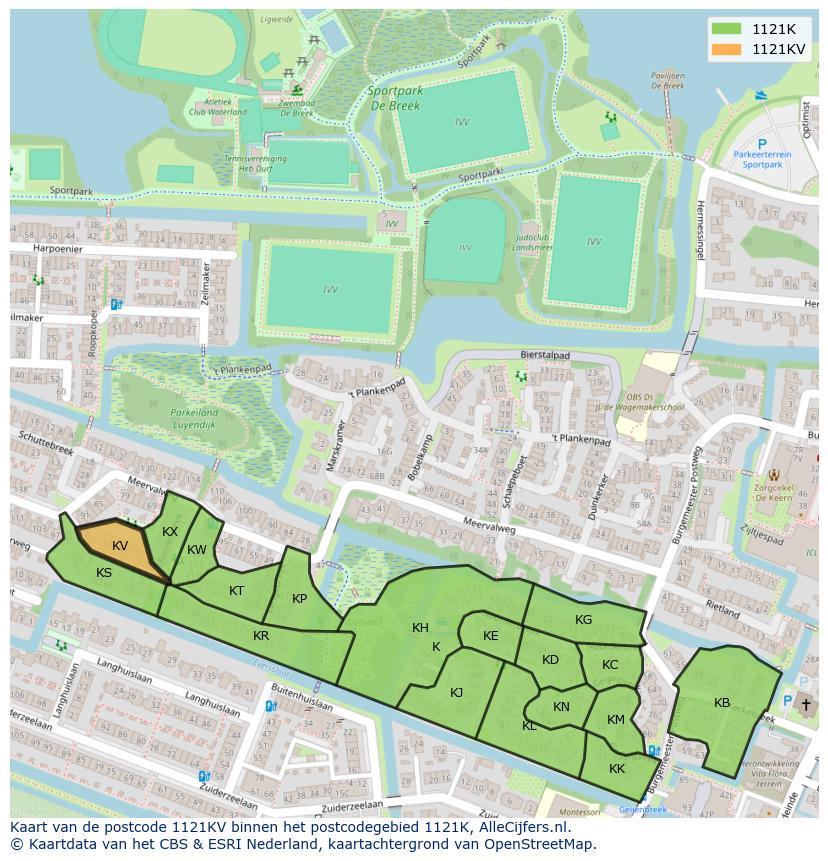 Afbeelding van het postcodegebied 1121 KV op de kaart.