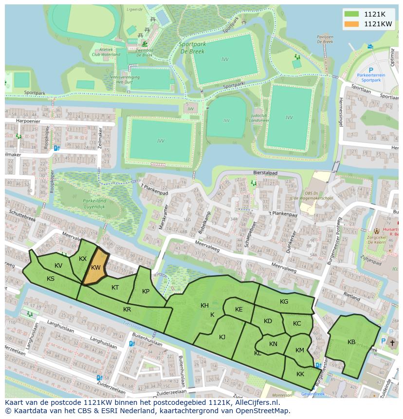 Afbeelding van het postcodegebied 1121 KW op de kaart.