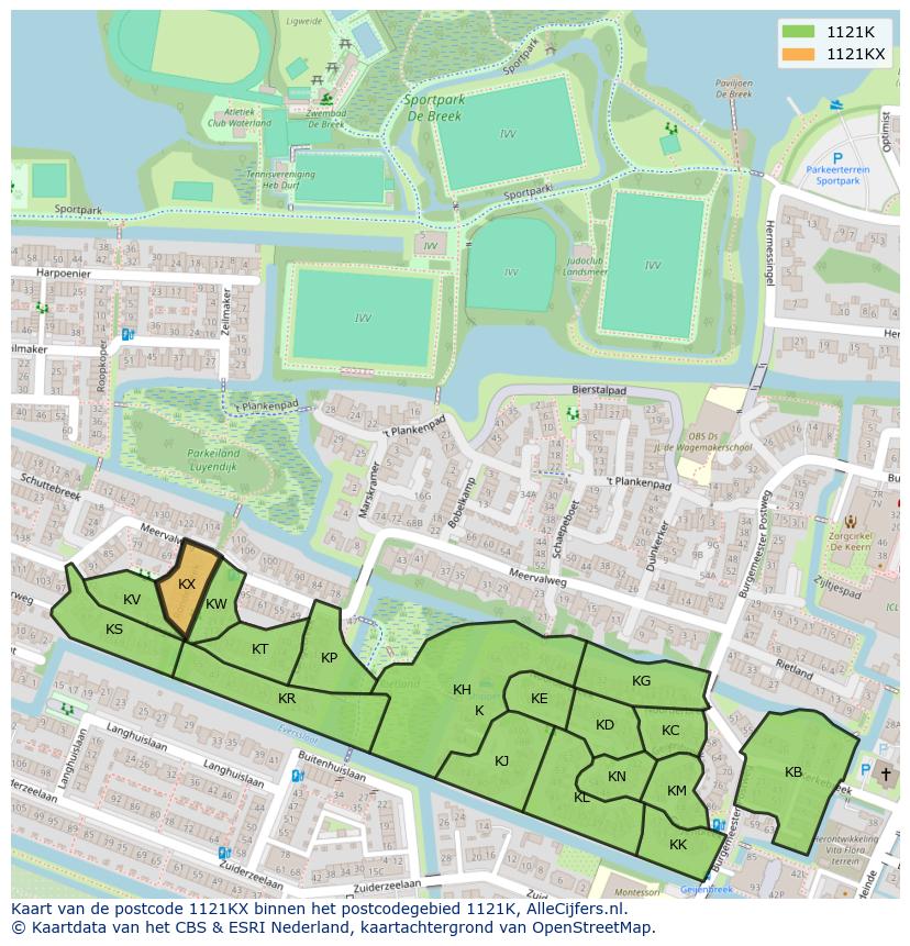 Afbeelding van het postcodegebied 1121 KX op de kaart.
