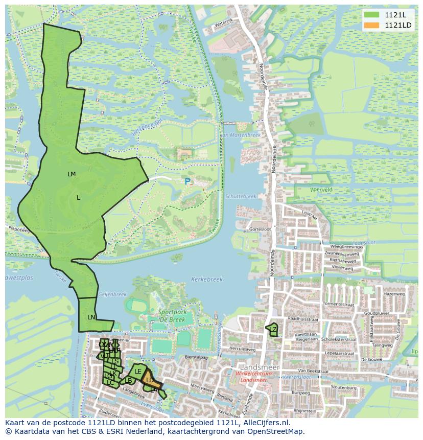 Afbeelding van het postcodegebied 1121 LD op de kaart.