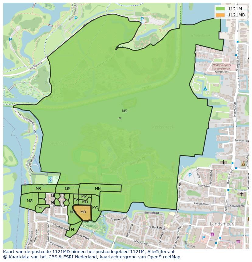 Afbeelding van het postcodegebied 1121 MD op de kaart.