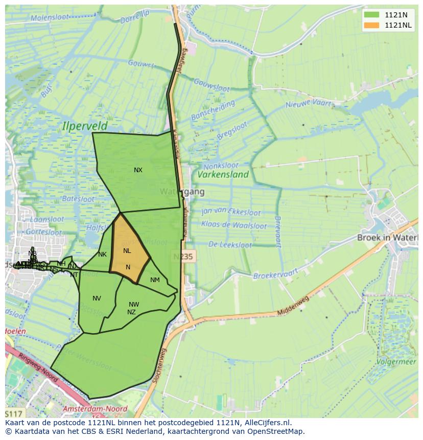 Afbeelding van het postcodegebied 1121 NL op de kaart.