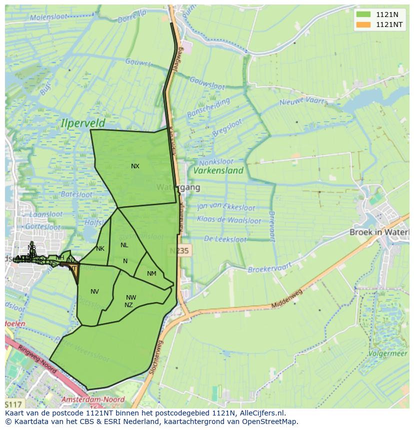 Afbeelding van het postcodegebied 1121 NT op de kaart.