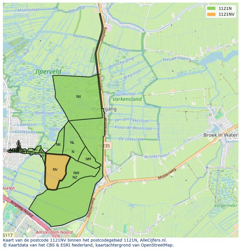 Afbeelding van het postcodegebied 1121 NV op de kaart.