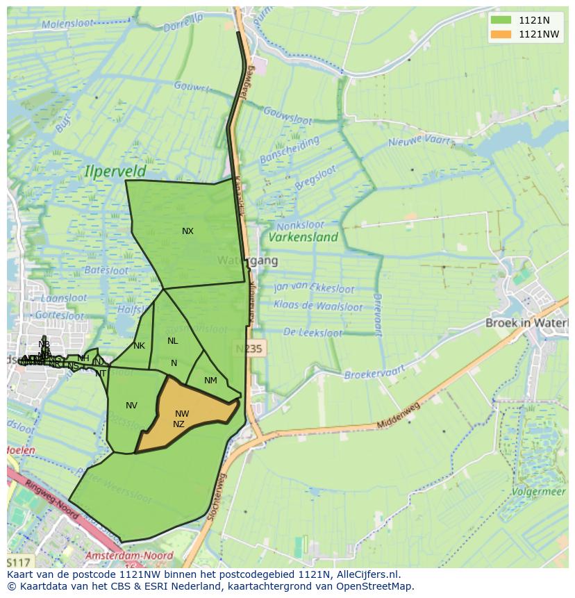 Afbeelding van het postcodegebied 1121 NW op de kaart.