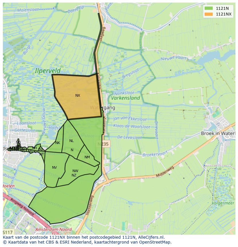 Afbeelding van het postcodegebied 1121 NX op de kaart.