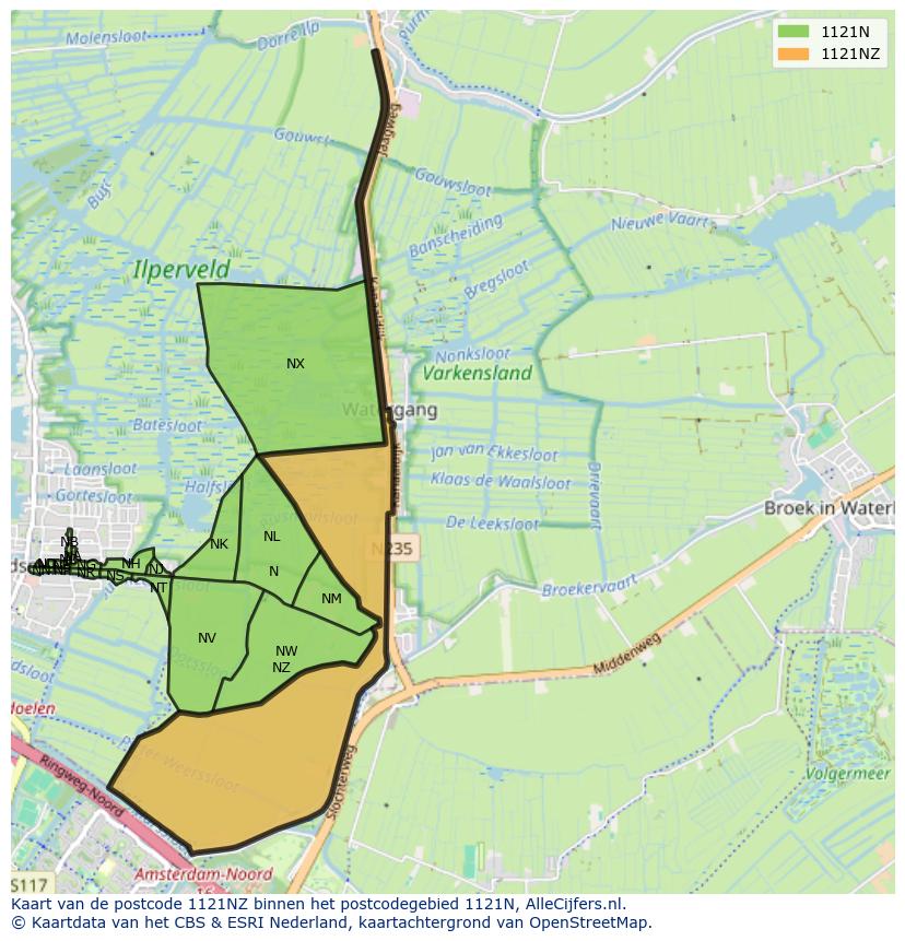 Afbeelding van het postcodegebied 1121 NZ op de kaart.