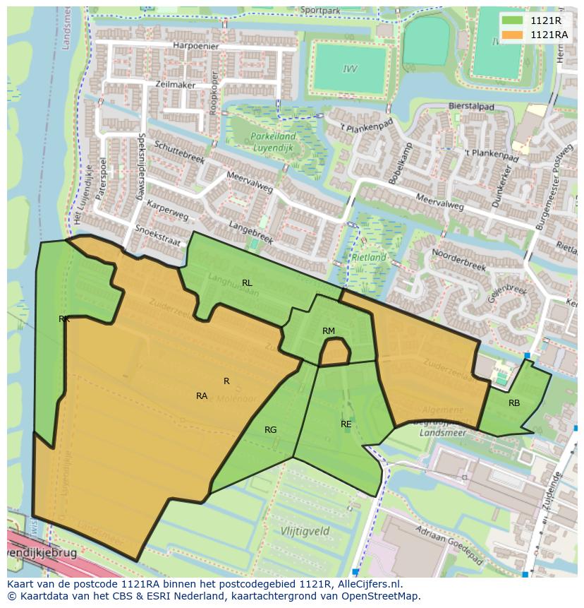 Afbeelding van het postcodegebied 1121 RA op de kaart.