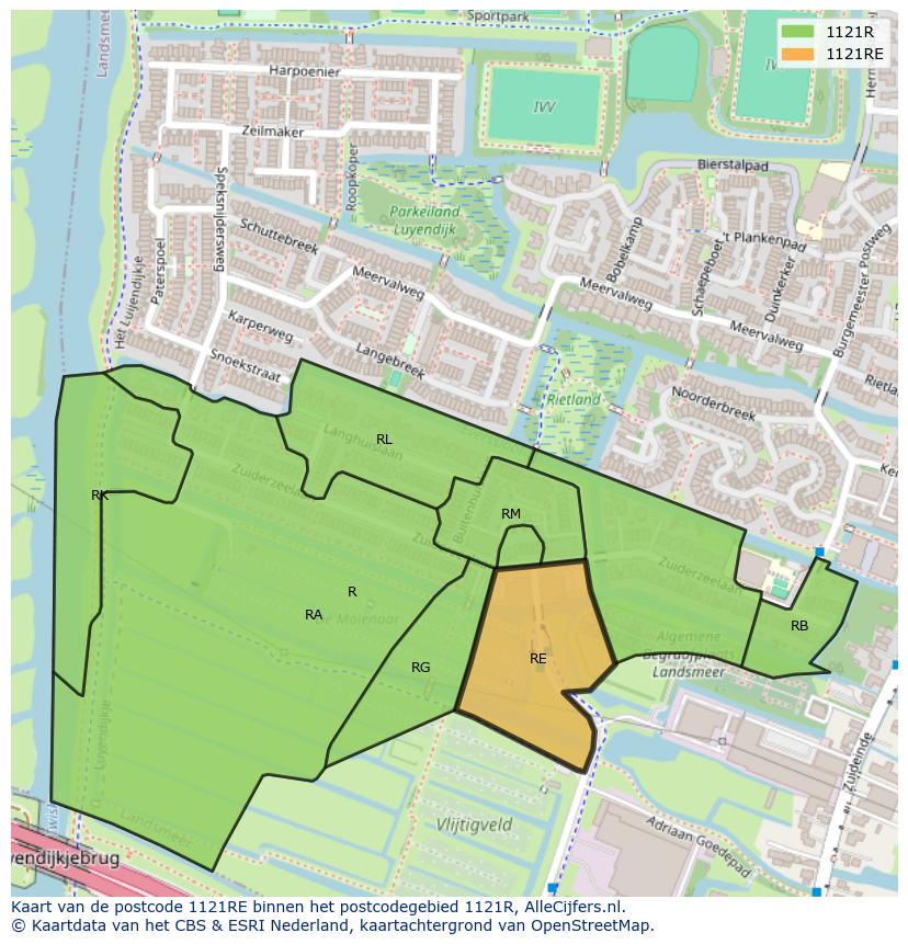 Afbeelding van het postcodegebied 1121 RE op de kaart.