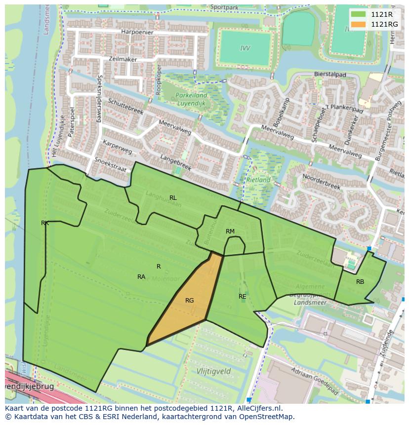 Afbeelding van het postcodegebied 1121 RG op de kaart.