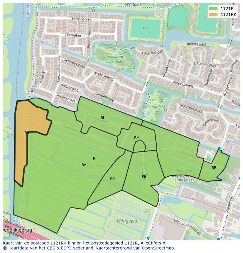 Afbeelding van het postcodegebied 1121 RK op de kaart.