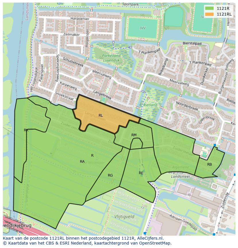 Afbeelding van het postcodegebied 1121 RL op de kaart.