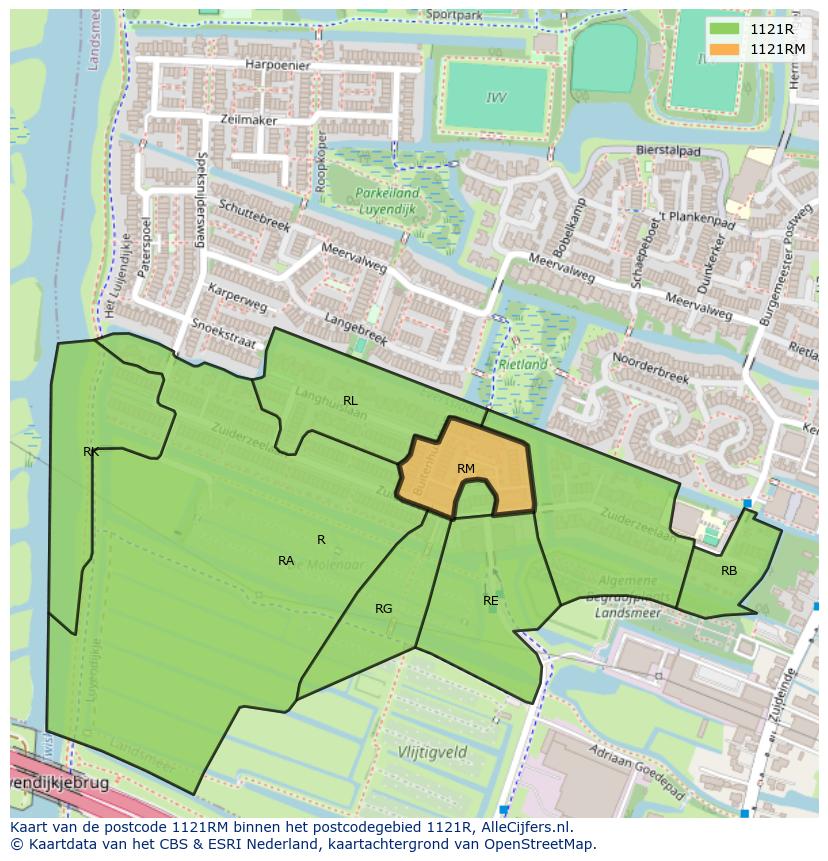 Afbeelding van het postcodegebied 1121 RM op de kaart.
