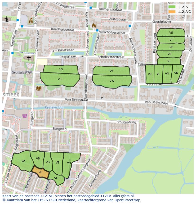 Afbeelding van het postcodegebied 1121 VC op de kaart.