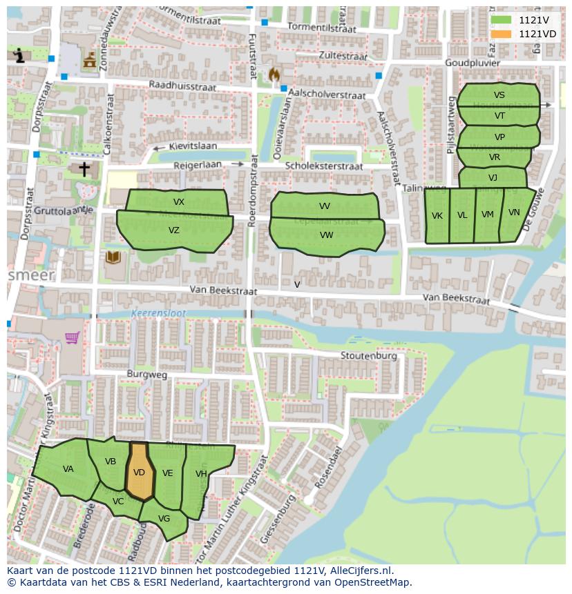 Afbeelding van het postcodegebied 1121 VD op de kaart.