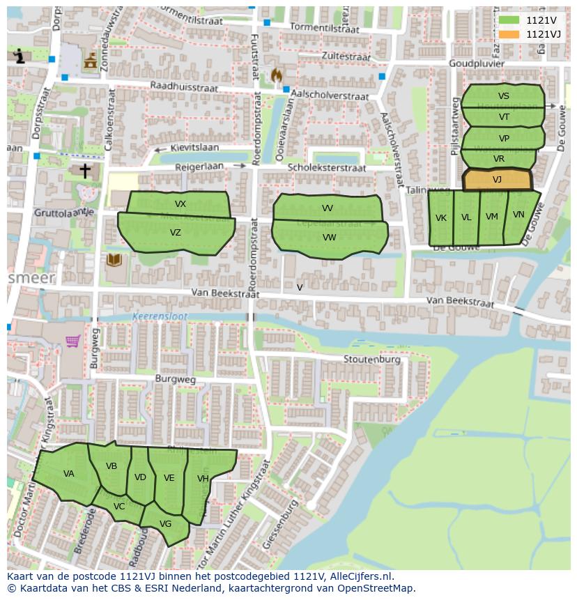 Afbeelding van het postcodegebied 1121 VJ op de kaart.