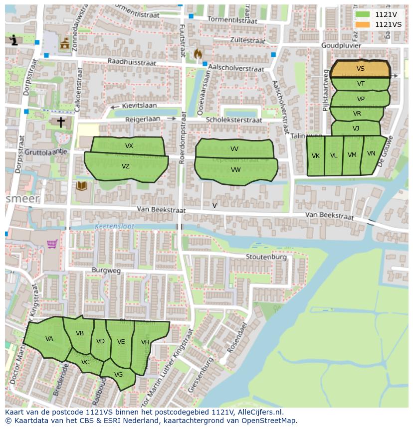 Afbeelding van het postcodegebied 1121 VS op de kaart.